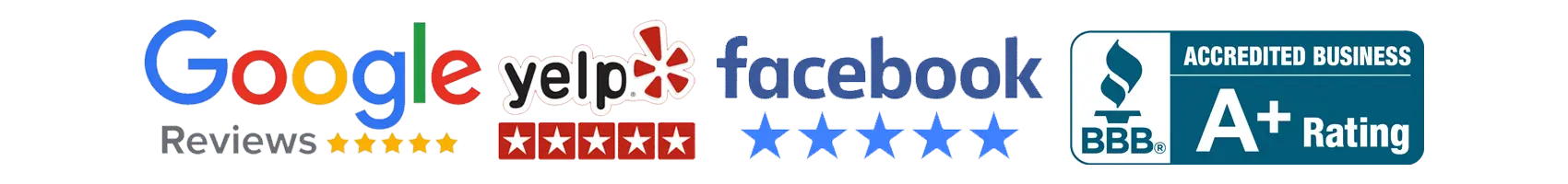 Google Reviews, Yelp, Facebook and BBB A+ rating badges for Damon's Pool Care