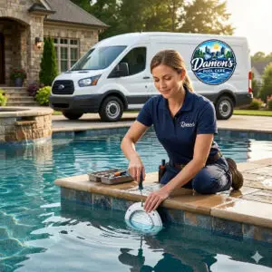 Pool Light Installation Pool light installation in Charlotte, NC: technician at the edge of a backyard pool, Damon's Pool Care van in the driveway