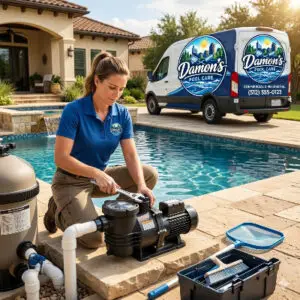 Pool Pump Installation Pool technician installing a pool pump beside a backyard pool in Charlotte, NC, Damon's Pool Care van in the driveway