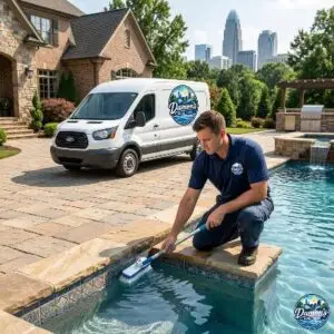 Pool cleaner kneels at the edge of a backyard pool, brushing the water as a logoed service van sits in the driveway behind him