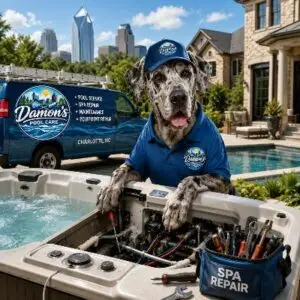 Spa repair in Charlotte, NC: technician at an open spa equipment cabinet