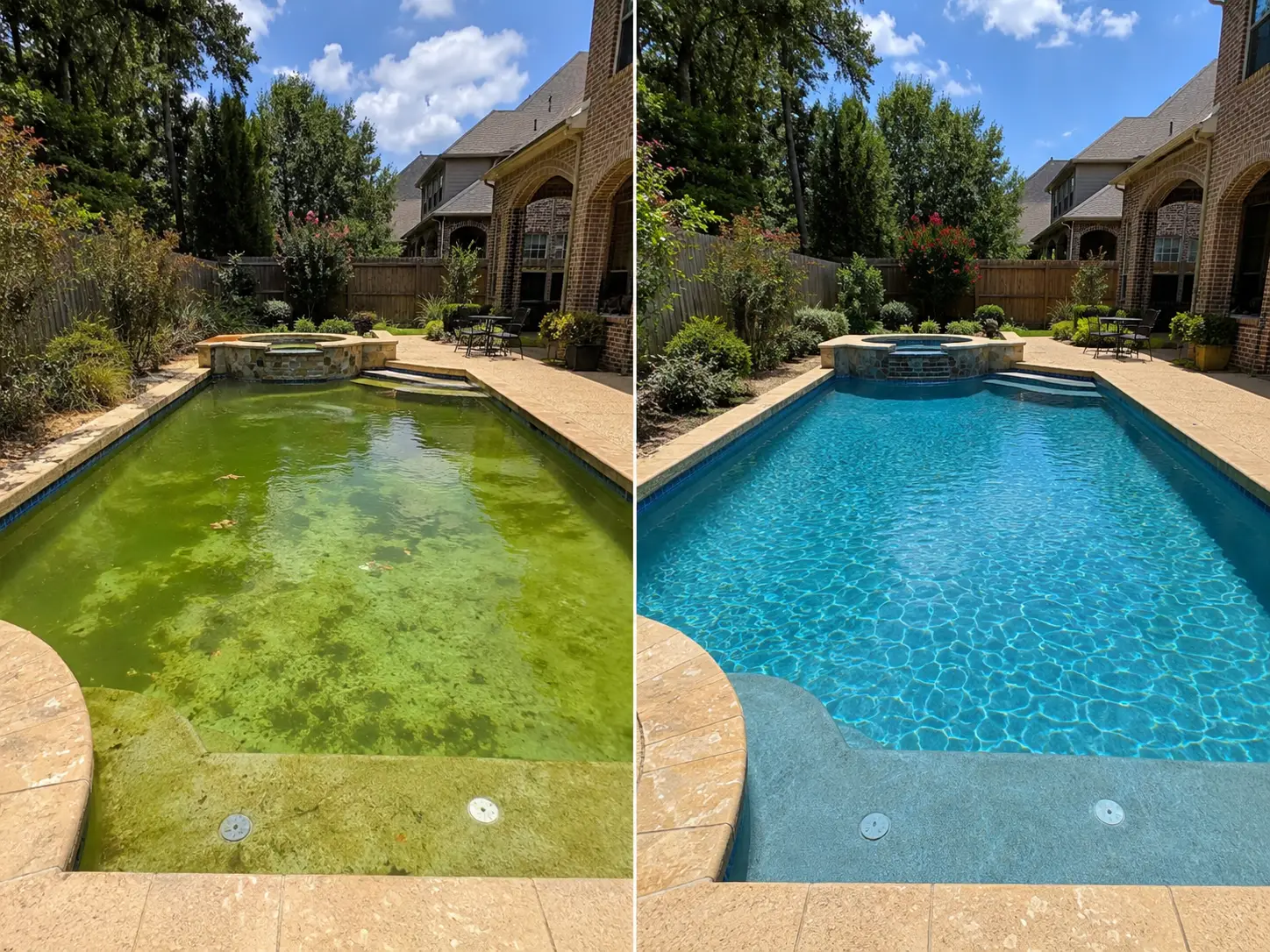 Side-by-side view of a backyard pool: left with green algae-filled water, right with clear blue water and clean pool deck.